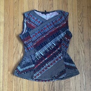BCBGMaxAzria Sleeveless Printed Peplum Tank in Navy, Burgundy and Light Blue